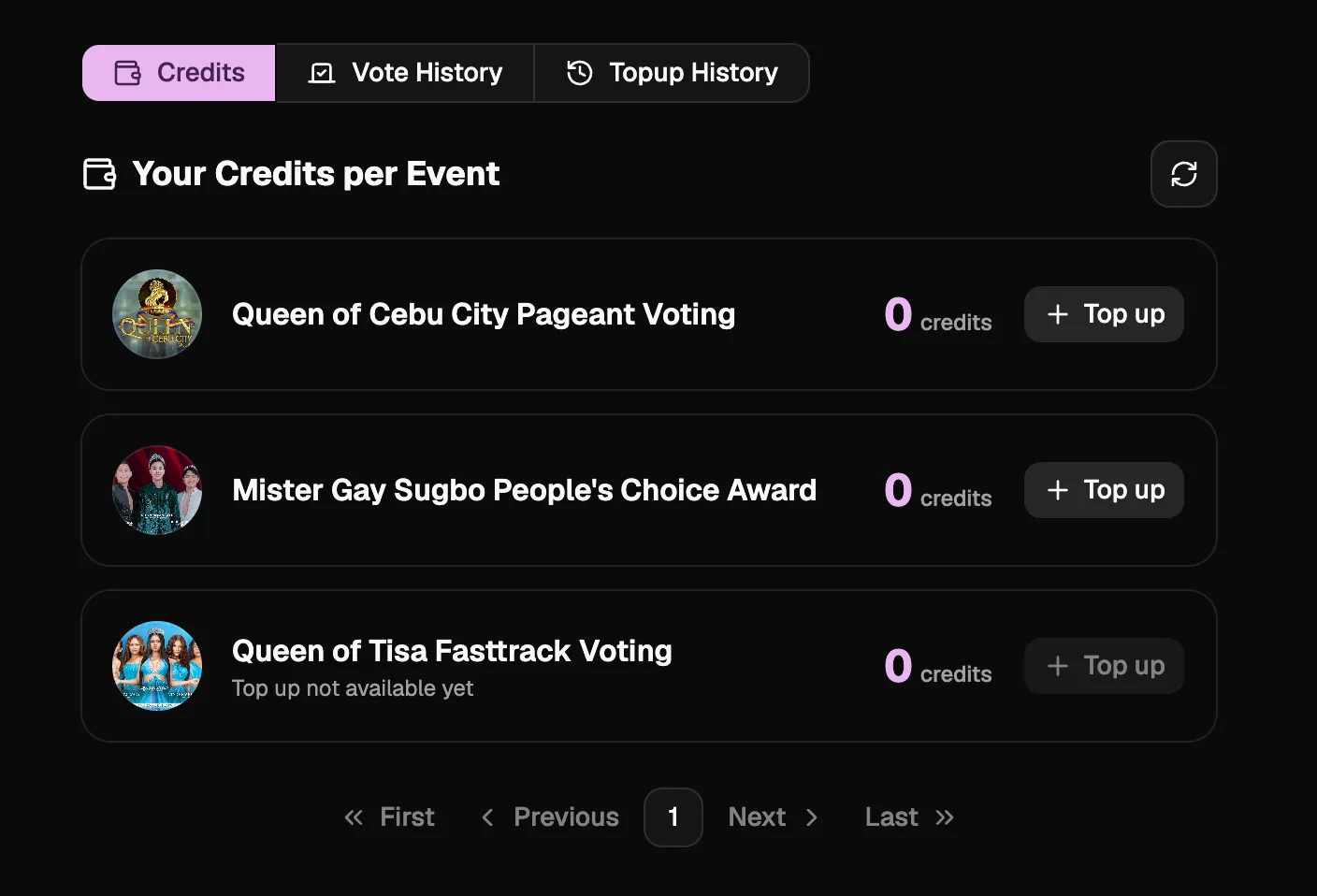 Profile → Credits tab: balance per event