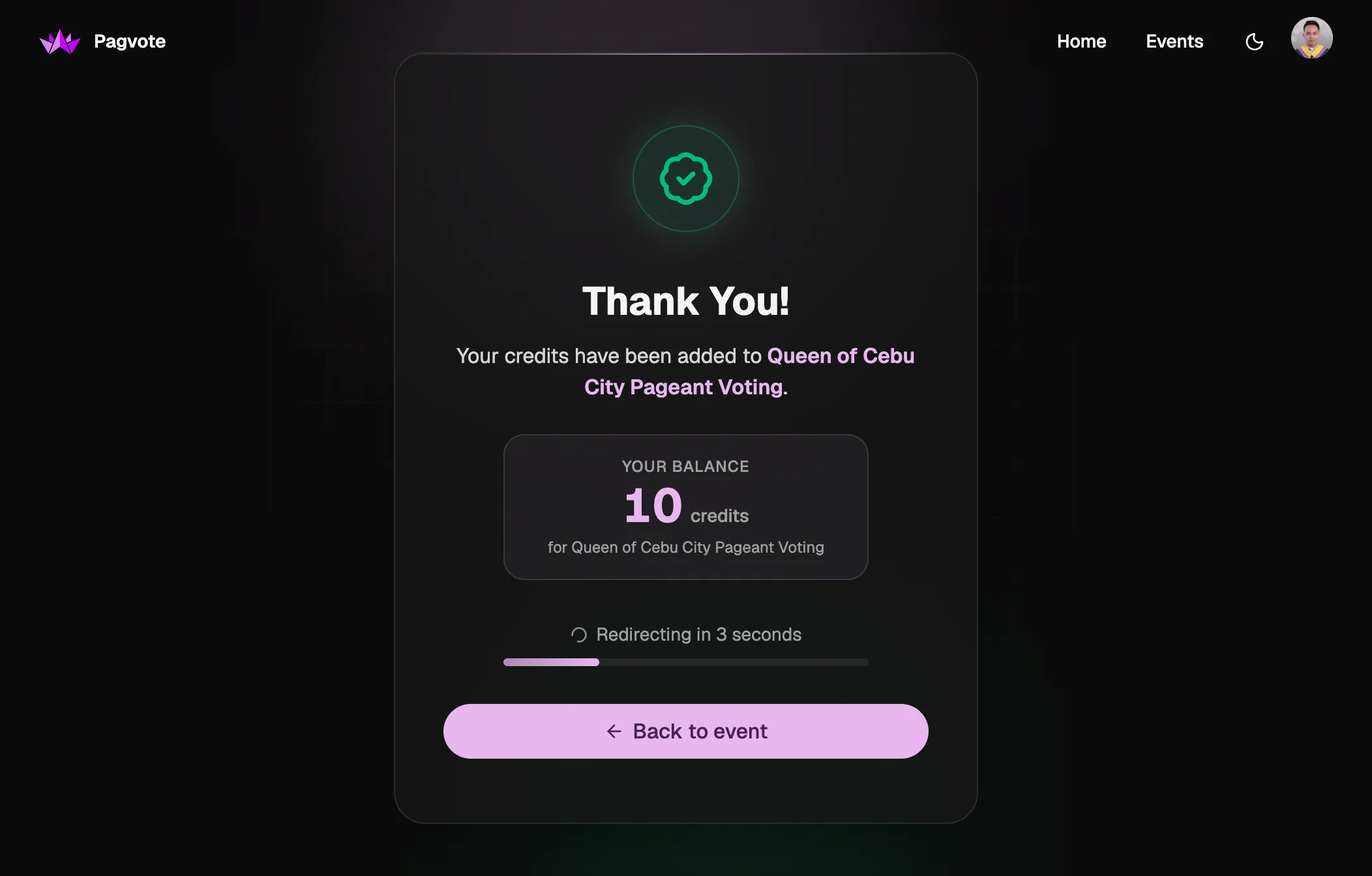 Payment success: event + new balance